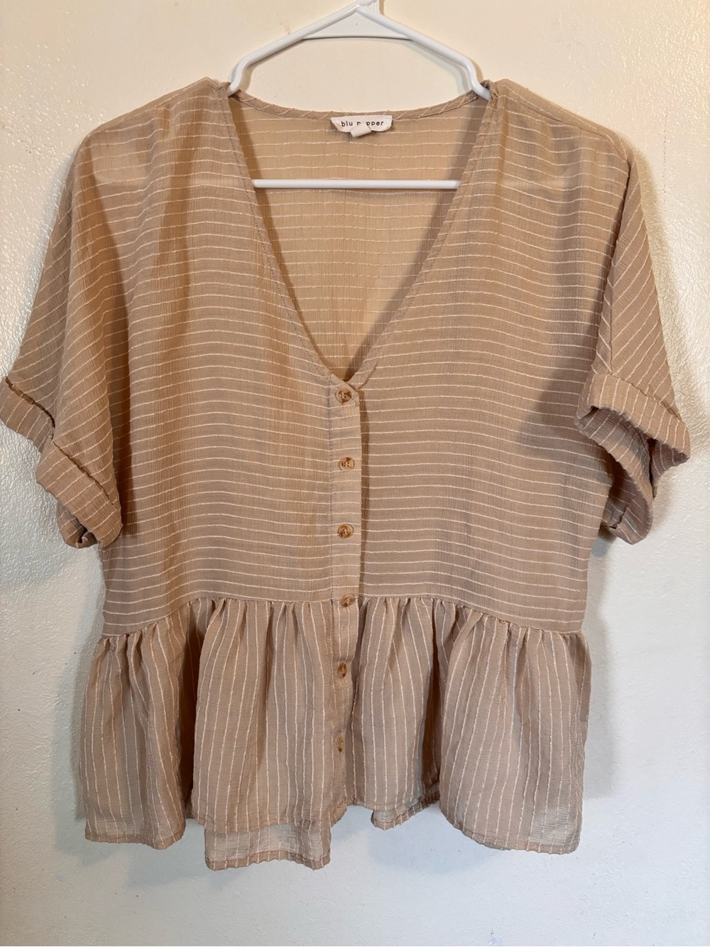 a new day Tan Striped Button-Front Peplum Blouse